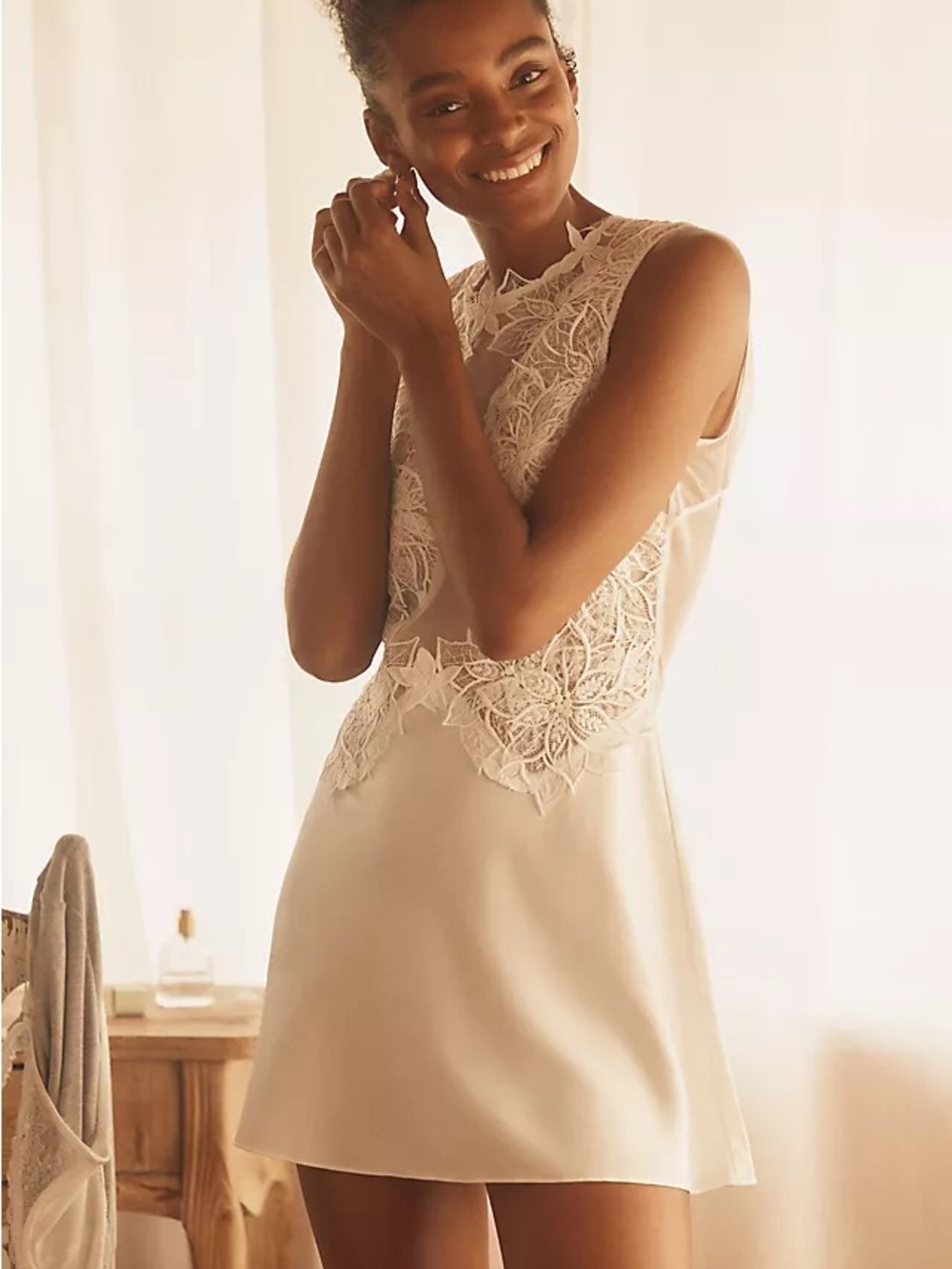 New w/Tags Anthropologie Rya Collection Harmony Chemise Ivory Mini Dress